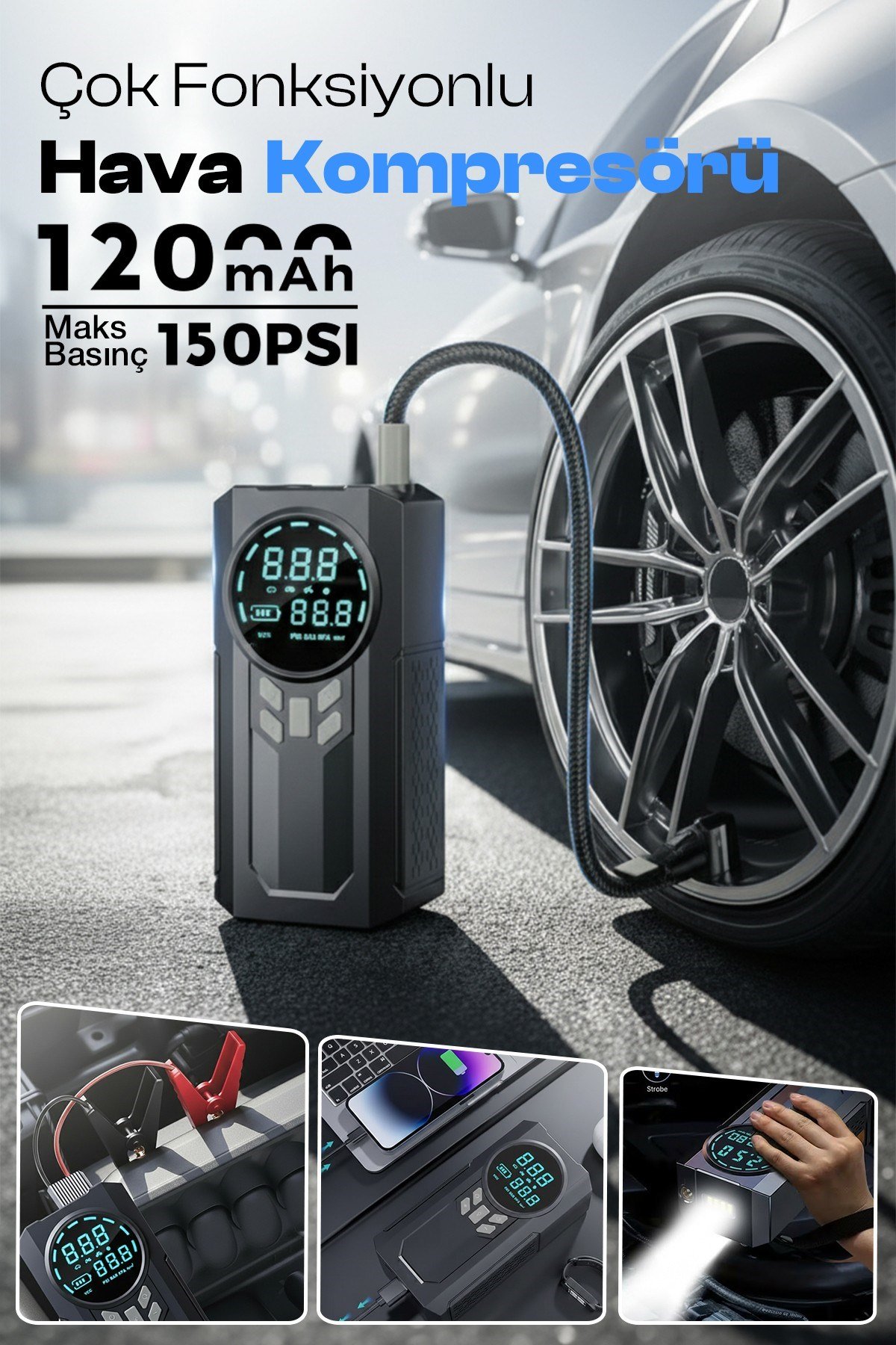 Yek Outdoor Akıllı Dijital Ekranlı Araç Lastik Şişirici ve Akü Takviye Cihazı – 150 PSI | 12.000 mAh