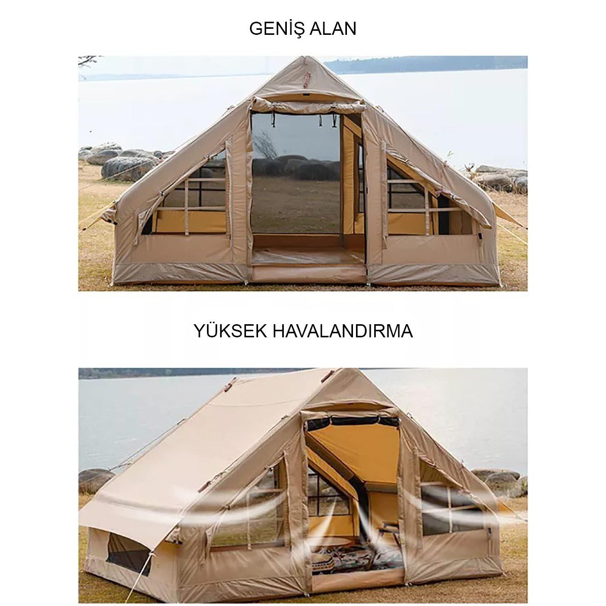 YekOutdoor Dört Mevsim Su Geçirmez 6 Kişilik Lüks Şişme Kamp Çadırı 300x210x190cm  