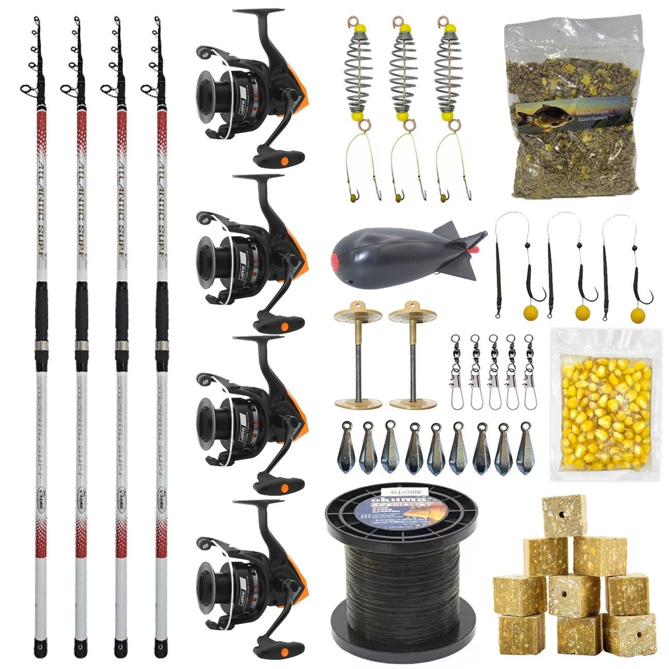 YekOutdoor Full Çeşit 4'lü Okuma Göl Seti Kendo Atlantic Surf 4.20m 100-250gr Olta Kamışı&Okuma JAW-65 3+1BB Olta Makinesi