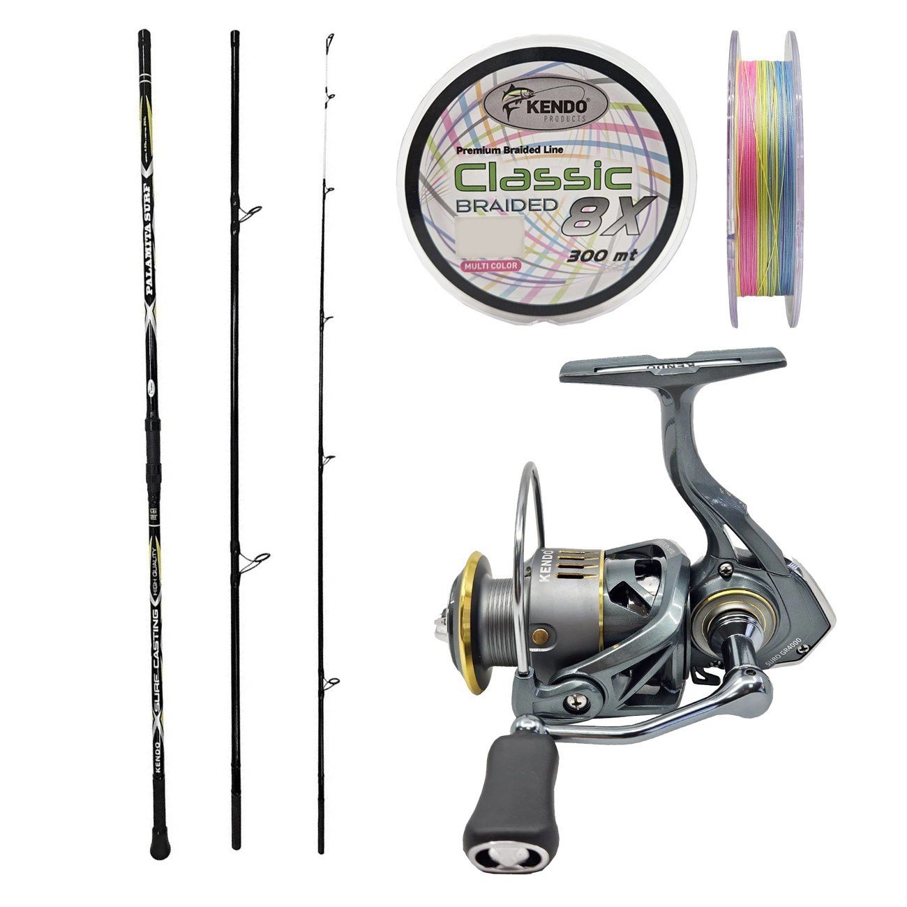 YekOutdoor Hazır Olta Seti Kendo Palamita Surf 420cm 250gr 3 Parça Olta Kamışı&Kendo Suro GR6000 5+1BB Olta Makinesi