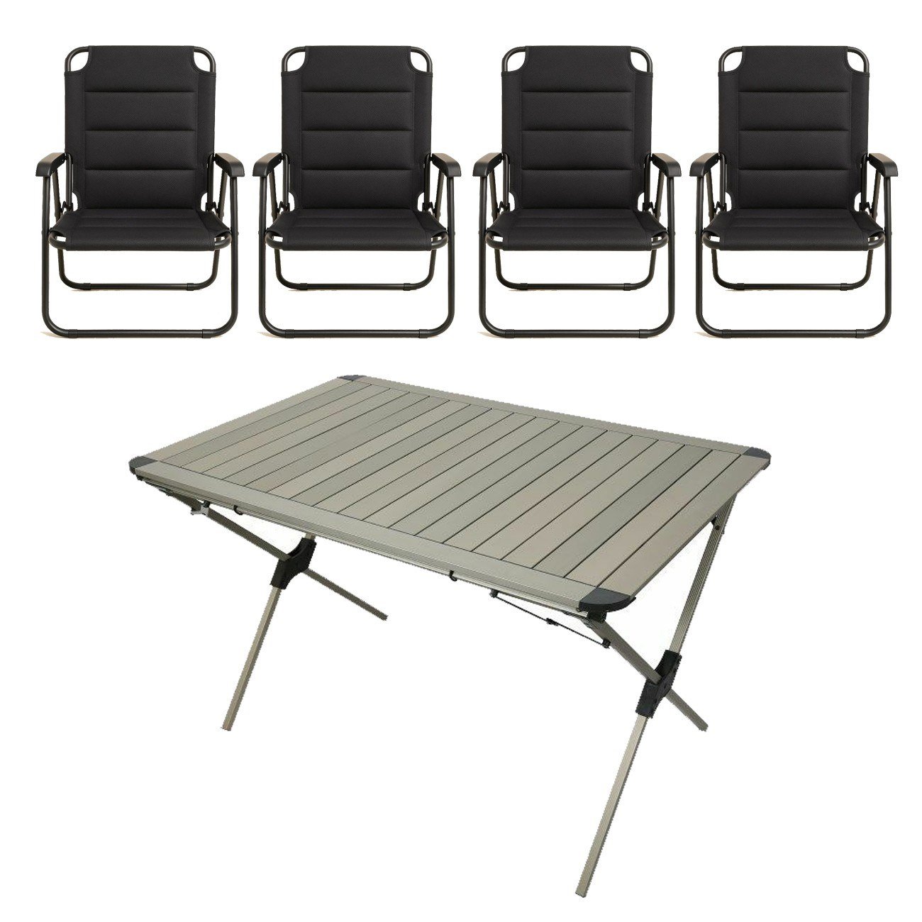 YekOutdoor Katlanabilir Alüminyum Kamp Masası ve 4 Kişilik Konforlu Kamp Sandalyesi Seti