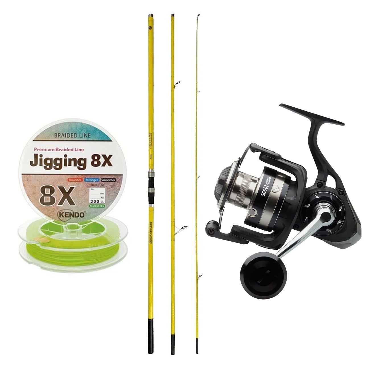 YekOutdoor Profesyonel Olta Seti Okuma Makaira Surf 4,50 cm 100-250 3 Parça Yellow Surf Kamışı&Savage Gear SGS8 8000 FD 8+1BB Olta Makinesi