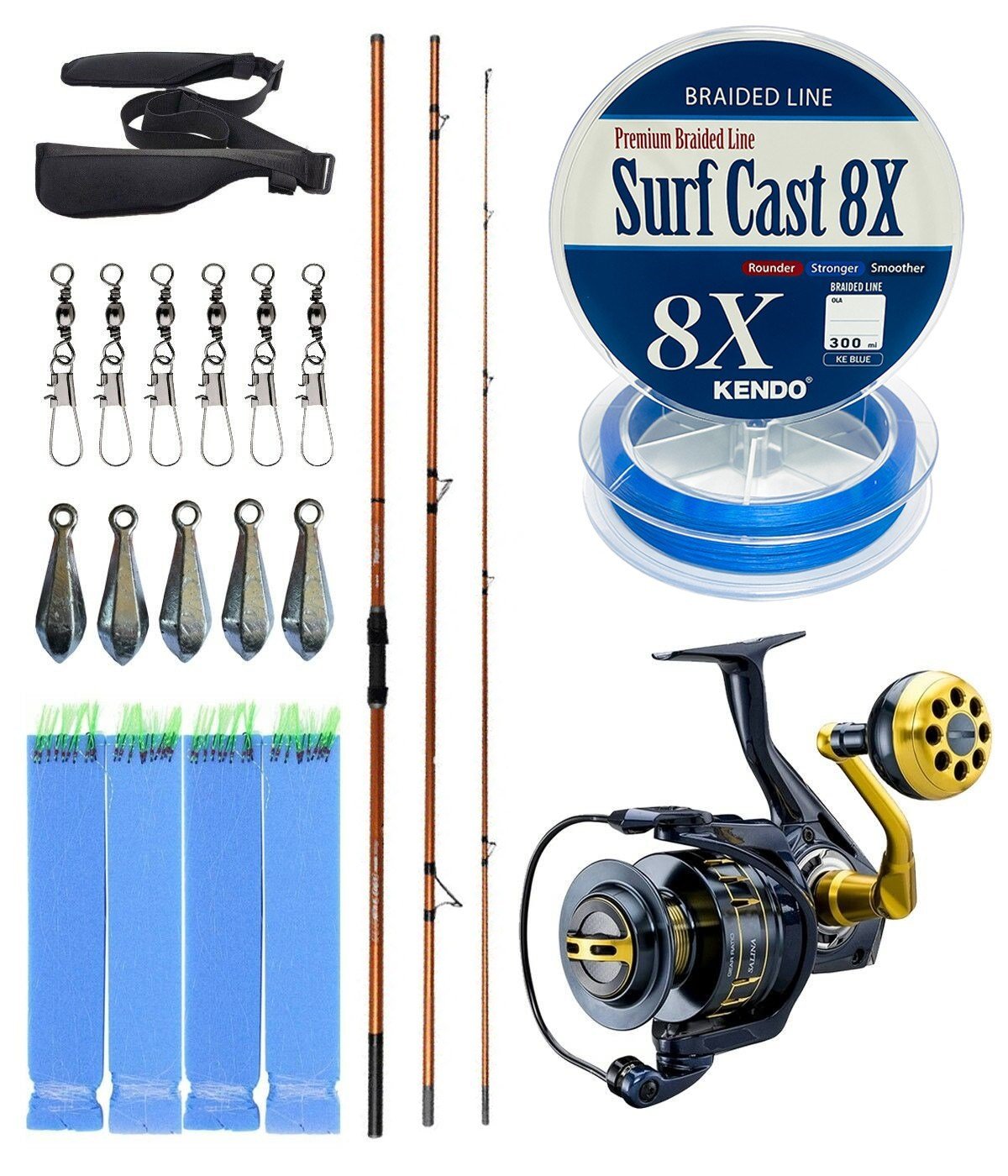 YekOutdoor Profesyonel Olta Seti Okuma Trio Rex Surf 450cm 120-250 gr 3 Parça Surf Kamışı&Okuma Salina SA-8000A Blue 6+1BB Olta Makinesi