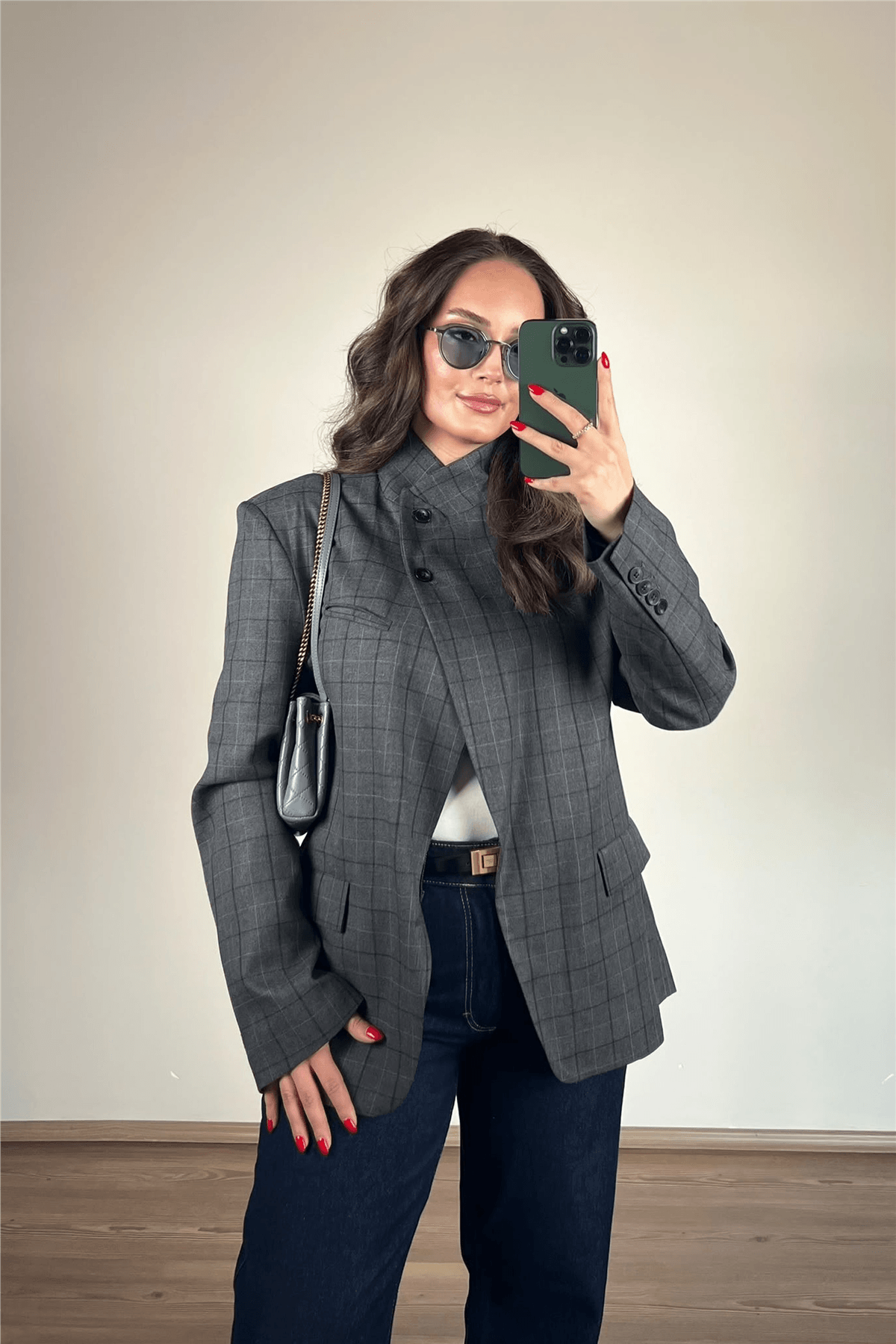 Antrasit Çizgili Dik Yaka Blazer Ceket