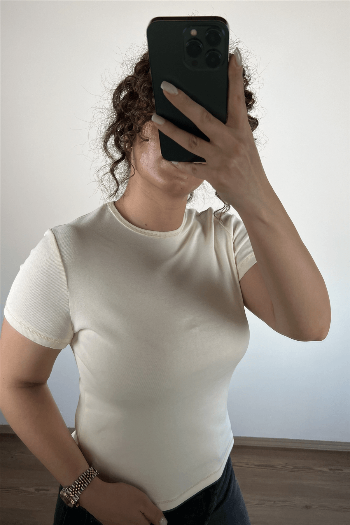 Ekru Bisiklet Yaka T-Shirt