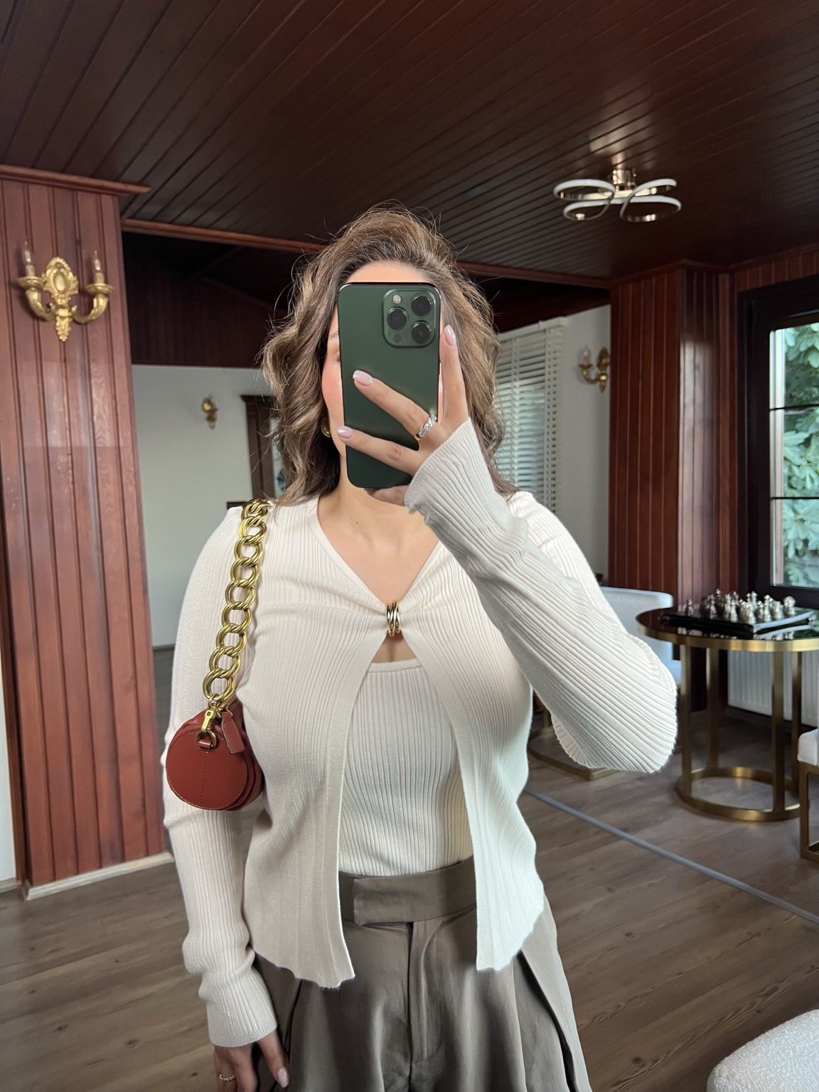 Ekru Gold Halka Detaylı Fitilli Hırka ve Atlet İkili Takım