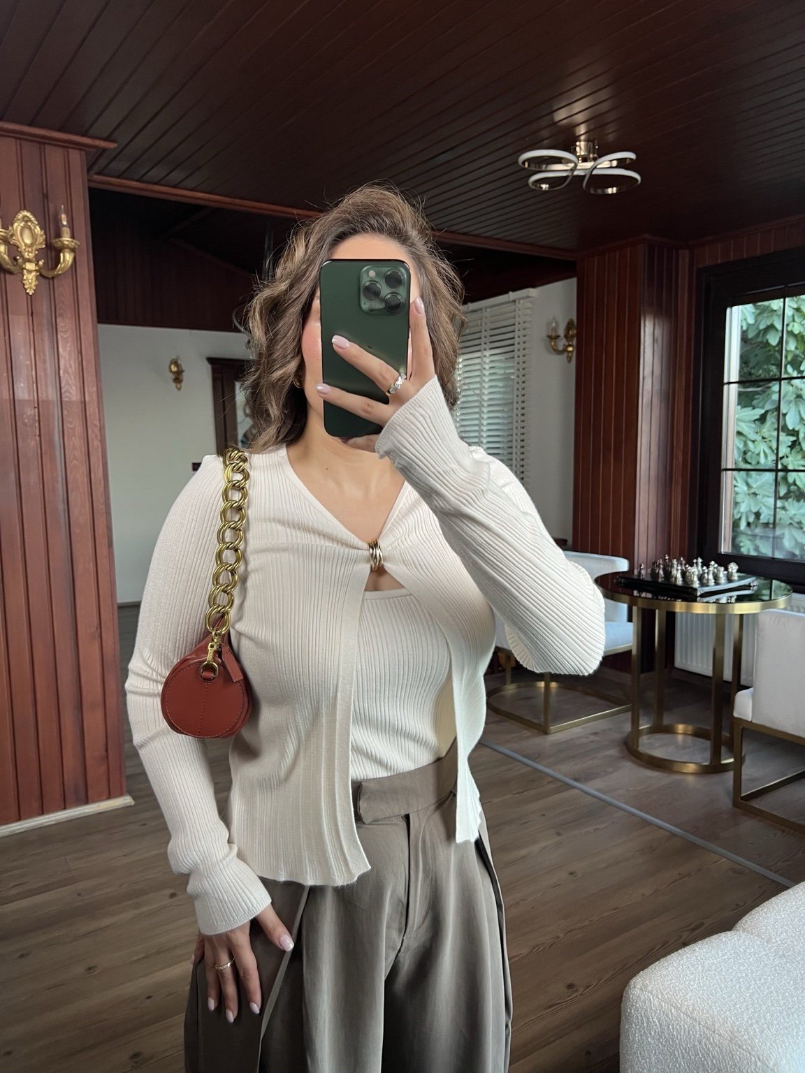 Ekru Gold Halka Detaylı Fitilli Hırka ve Atlet İkili Takım