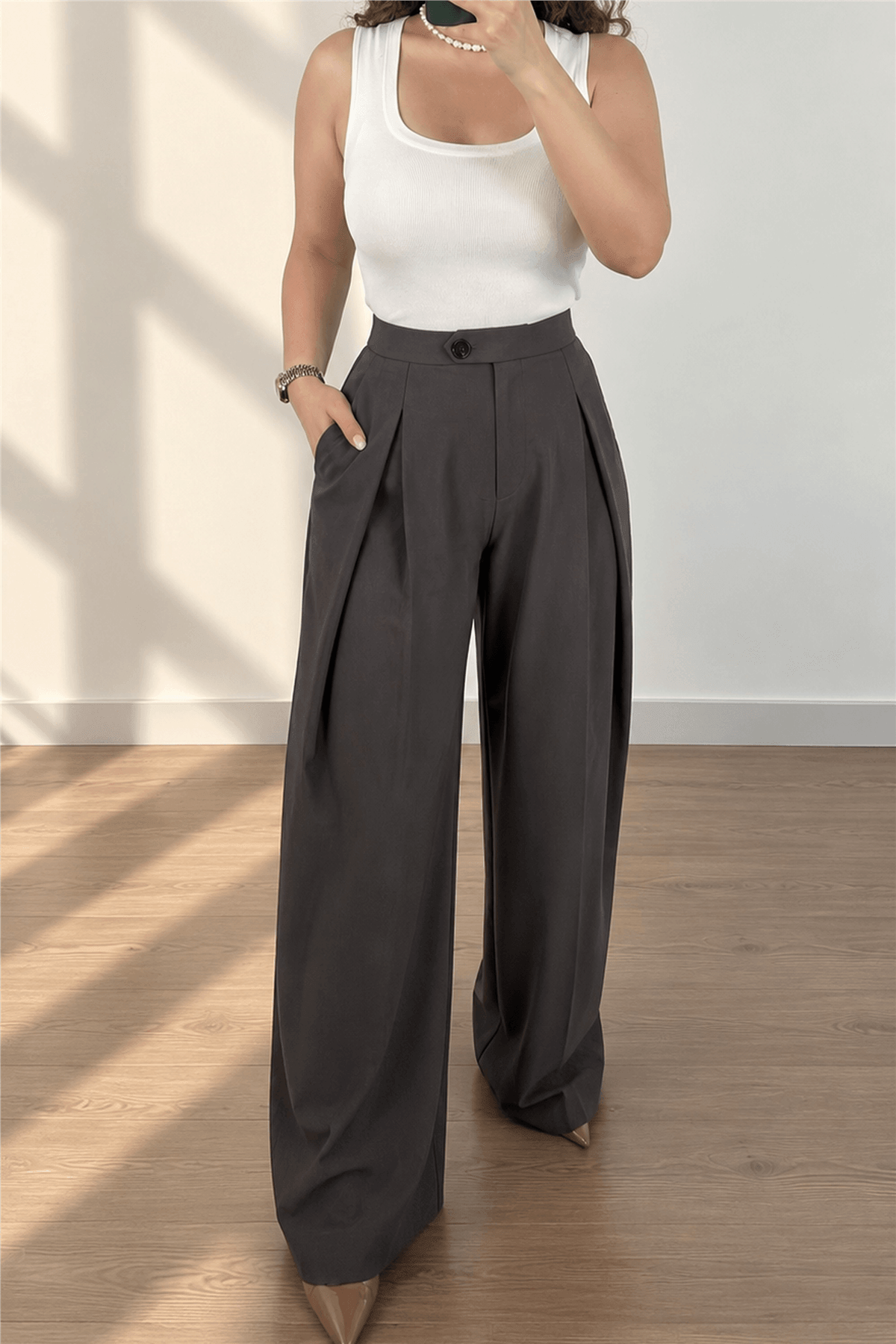 Kahverengi Kuşak Detaylı Blazer Ceket Pantolon Takım