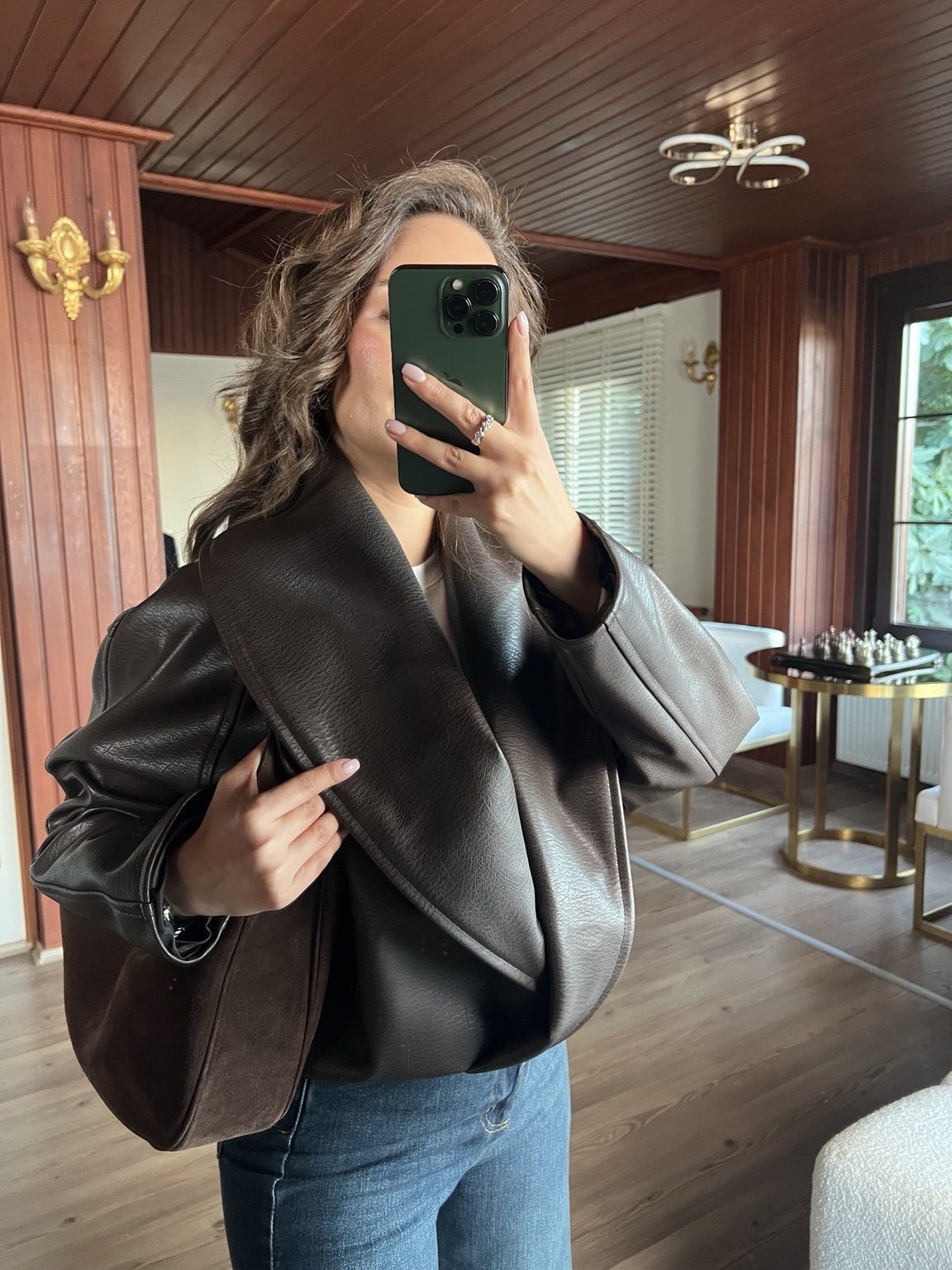 Kahverengi Oversize Şal Yaka Deri Ceket