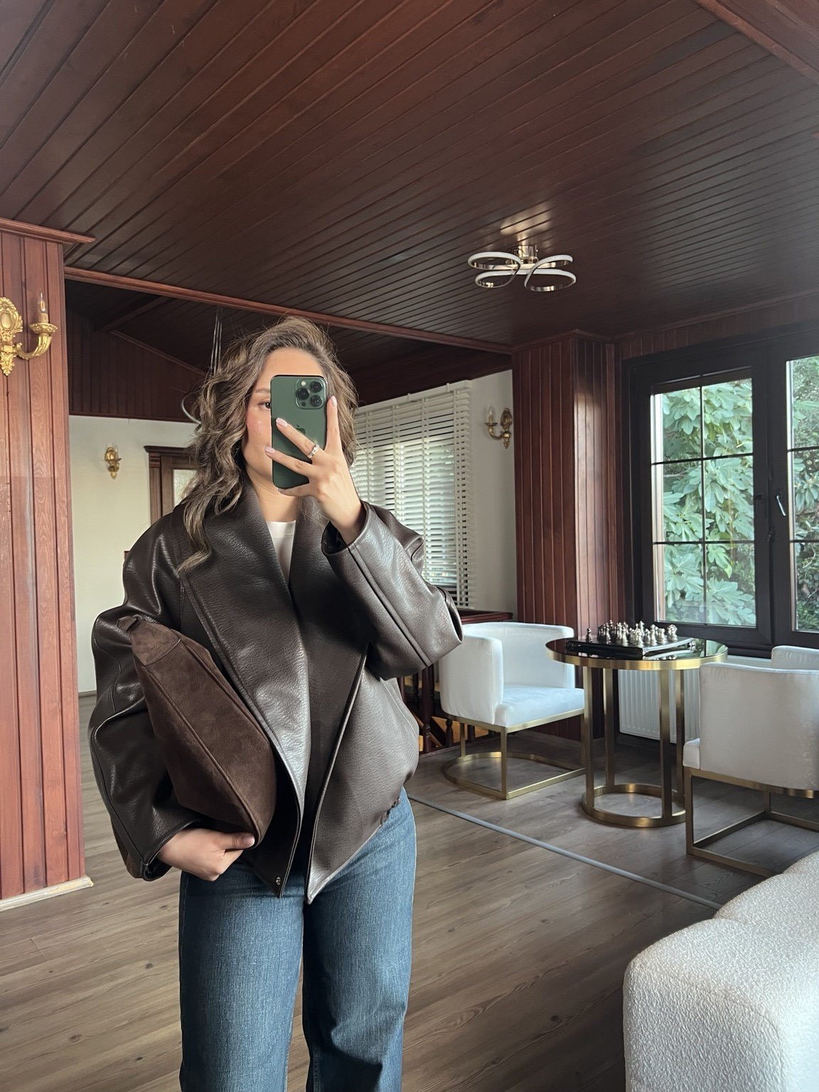 Kahverengi Oversize Şal Yaka Deri Ceket