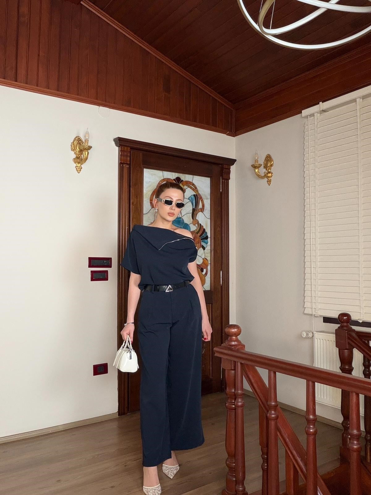LACİVERT BLUZ VE PALAZZO PANTOLON TAKIM