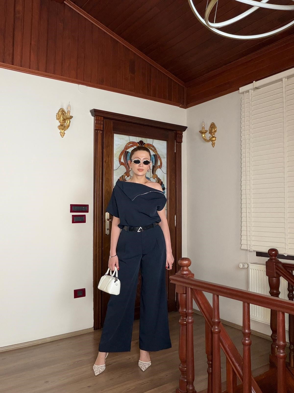 LACİVERT BLUZ VE PALAZZO PANTOLON TAKIM