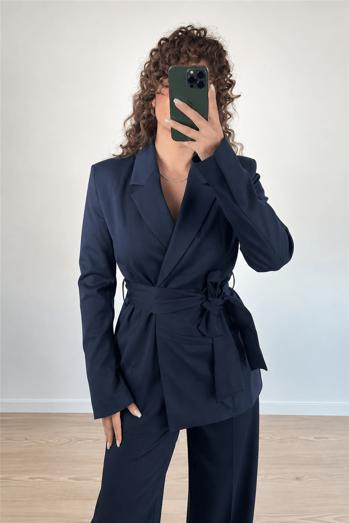 Lacivert Kuşak Detaylı Blazer Ceket