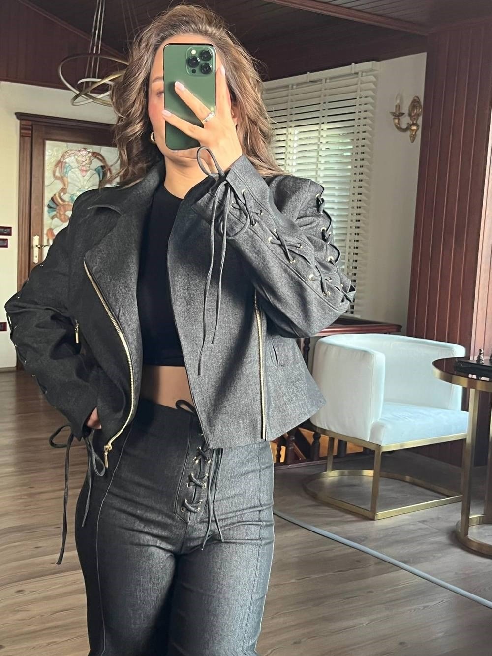 Siyah Non Denim Kuşgözü Detaylı Ceket Pantolon Takım