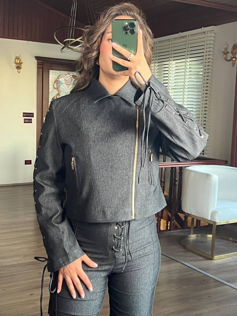 Siyah Non Denim Kuşgözü Detaylı Ceket Pantolon Takım
