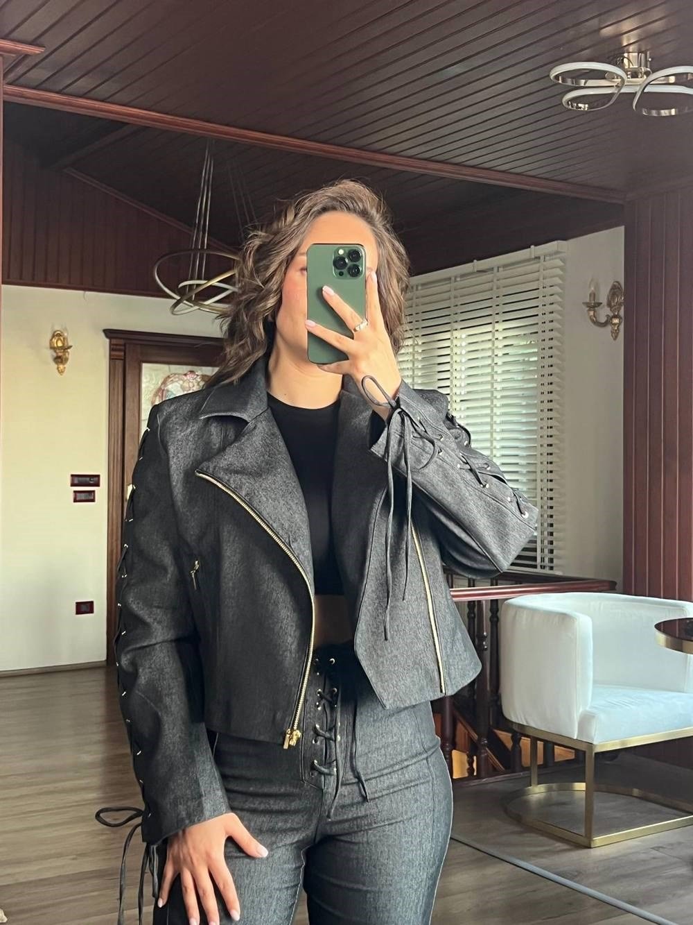 Siyah Non Denim Kuşgözü Detaylı Ceket Pantolon Takım