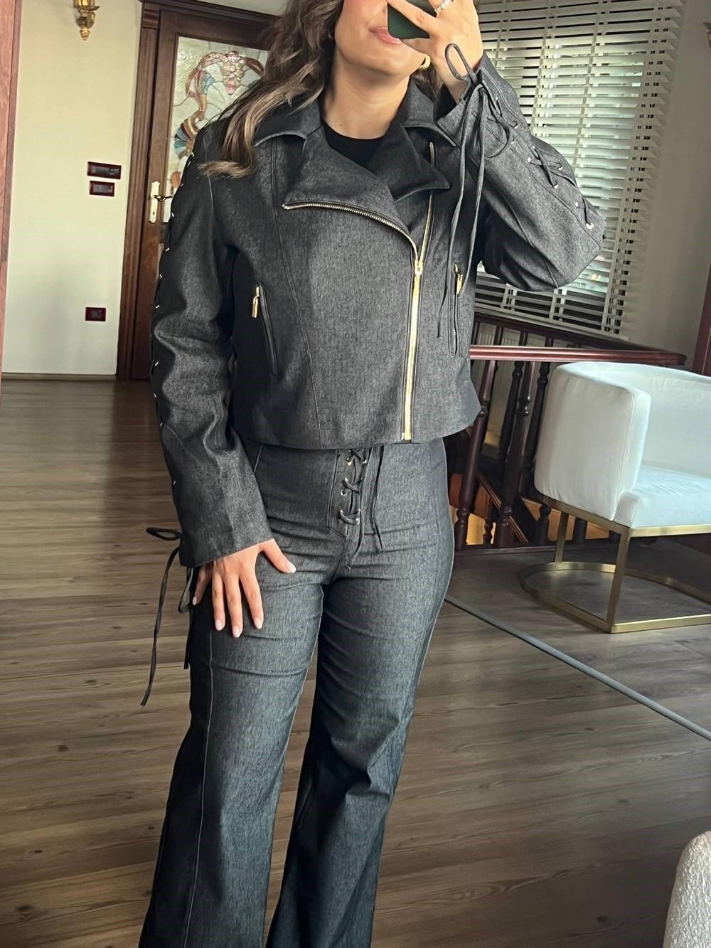 Siyah Non Denim Kuşgözü Detaylı Ceket Pantolon Takım