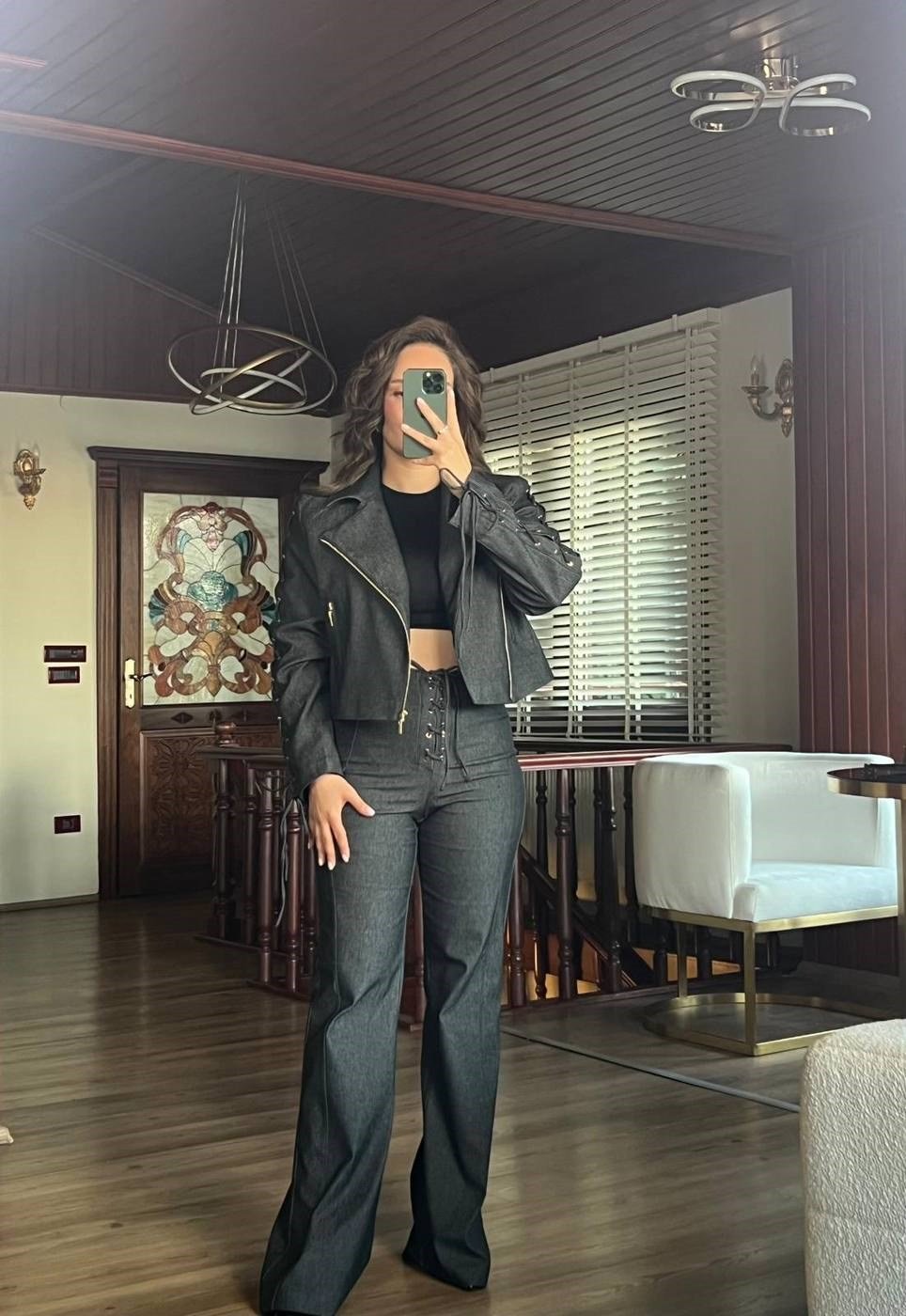 Siyah Non Denim Kuşgözü Detaylı Ceket Pantolon Takım