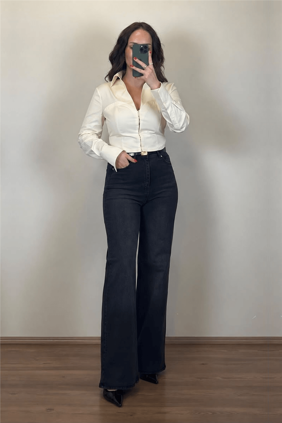 Yüksek Bel Antrasit Wide-Leg Jean Pantolon