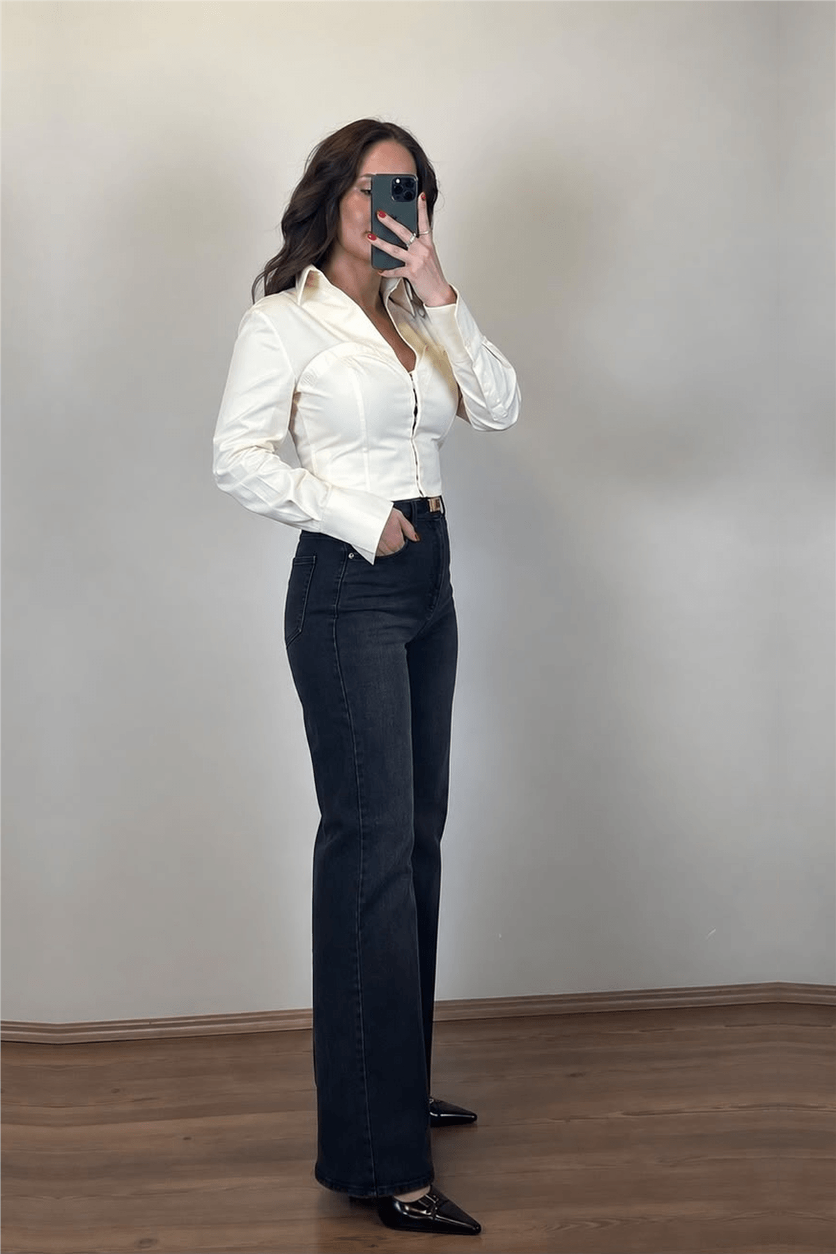 Yüksek Bel Antrasit Wide-Leg Jean Pantolon