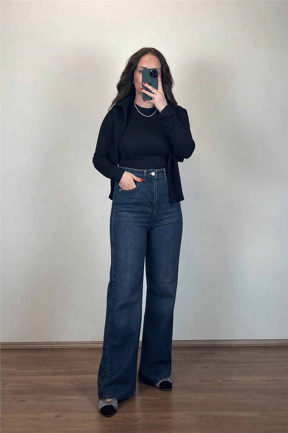 Yüksek Bel Koyu Mavi Wide-Leg Jean Pantolon