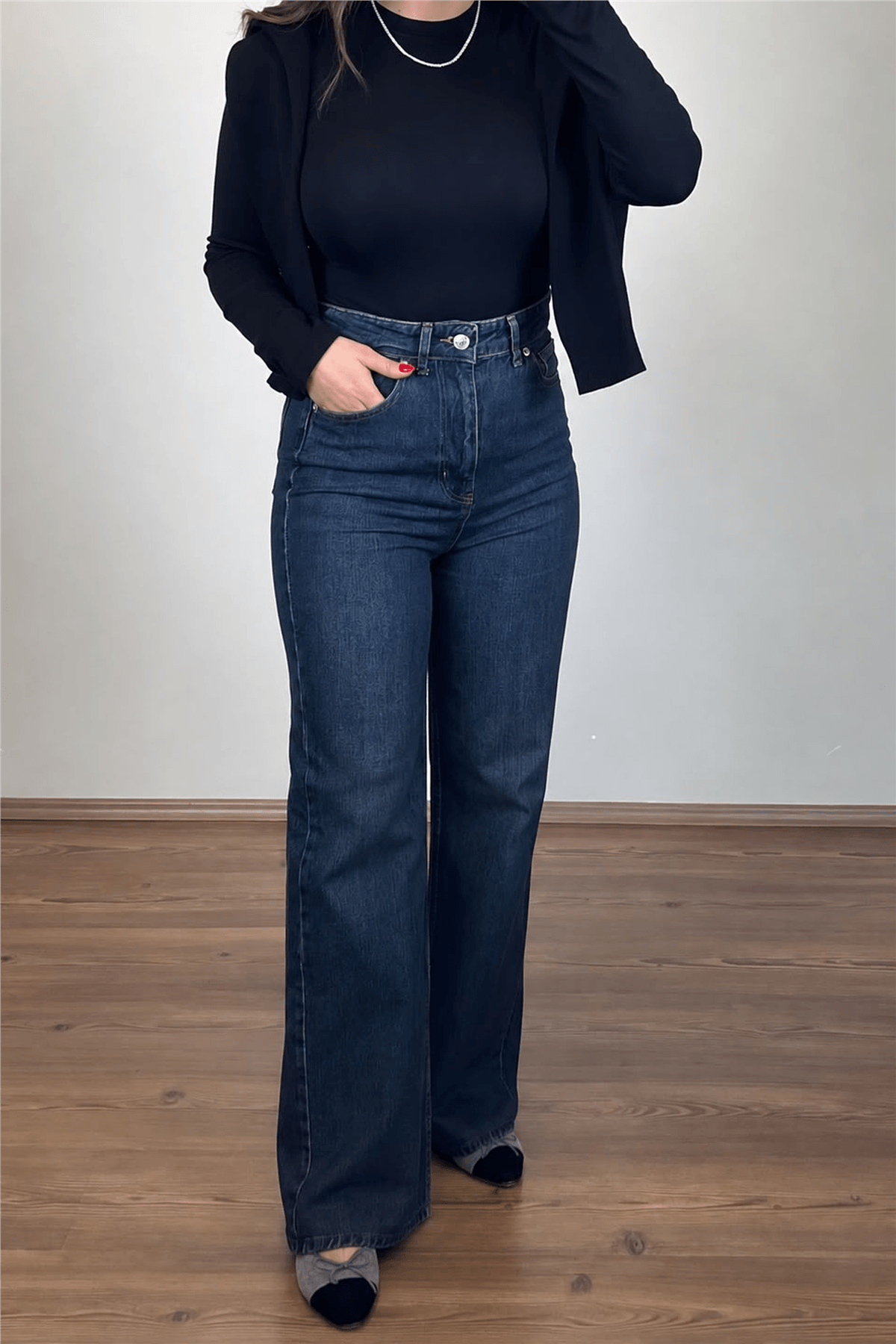 Yüksek Bel Koyu Mavi Wide-Leg Jean Pantolon