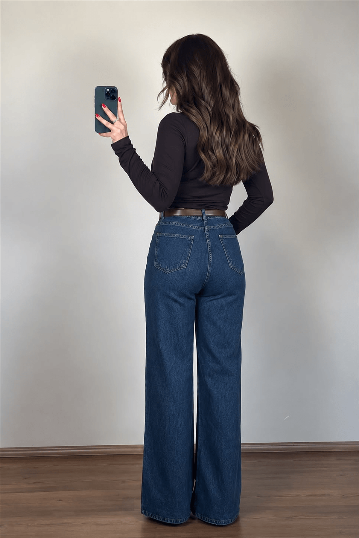 Yüksek Bel Mavi Wide-Leg Jean Pantolon