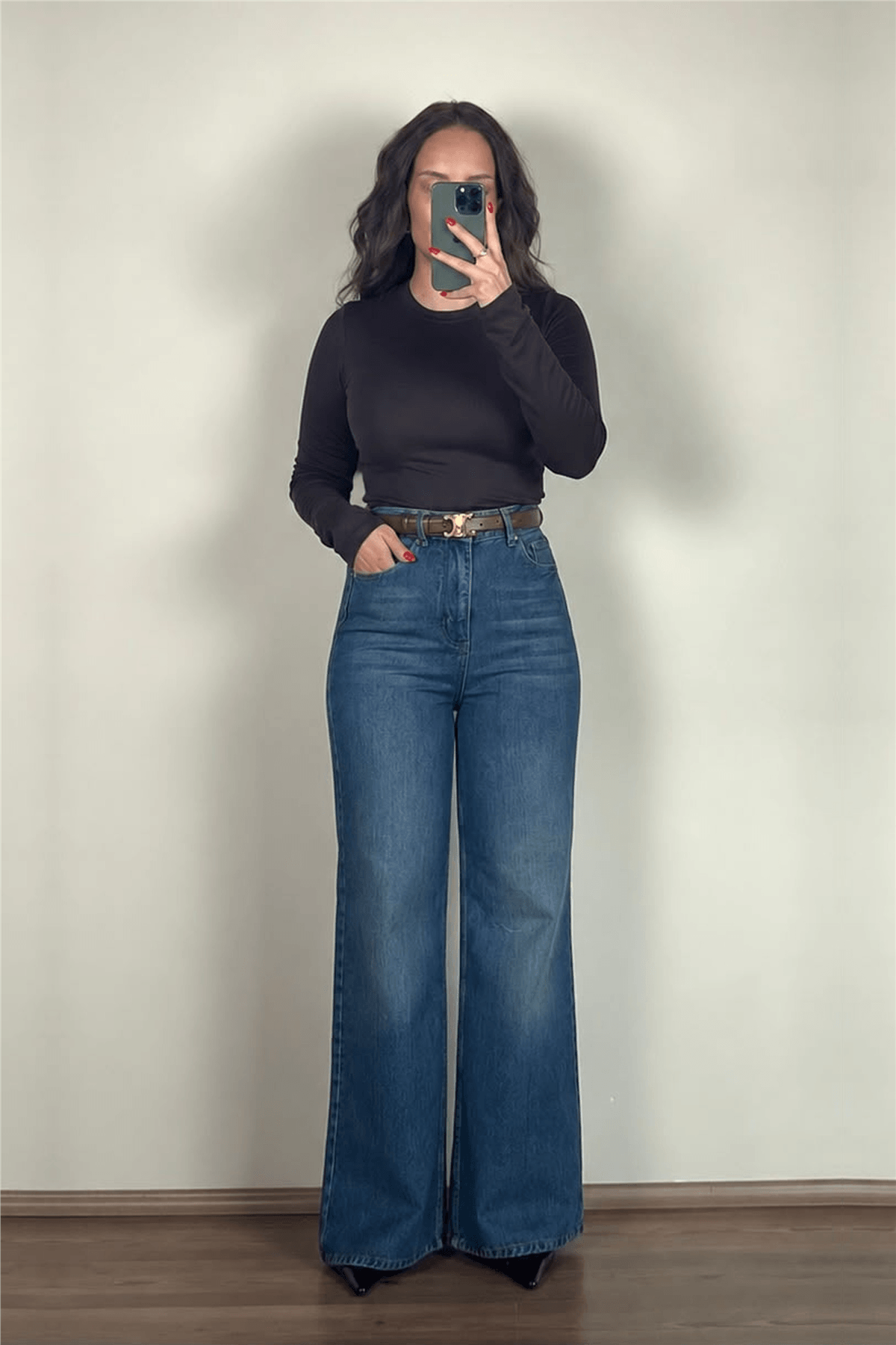 Yüksek Bel Mavi Wide-Leg Jean Pantolon