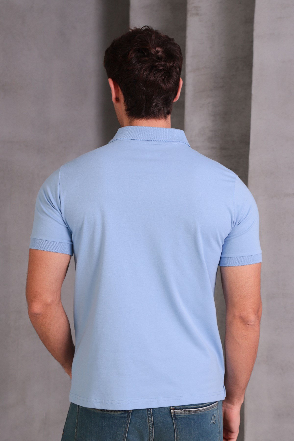 Erkek Dar Kesim Slim Fit Pamuklu Yumuşak Doku Nefes Alan Kumaş Kıvrılmaz Yaka Mavi Polo Yaka Tişört