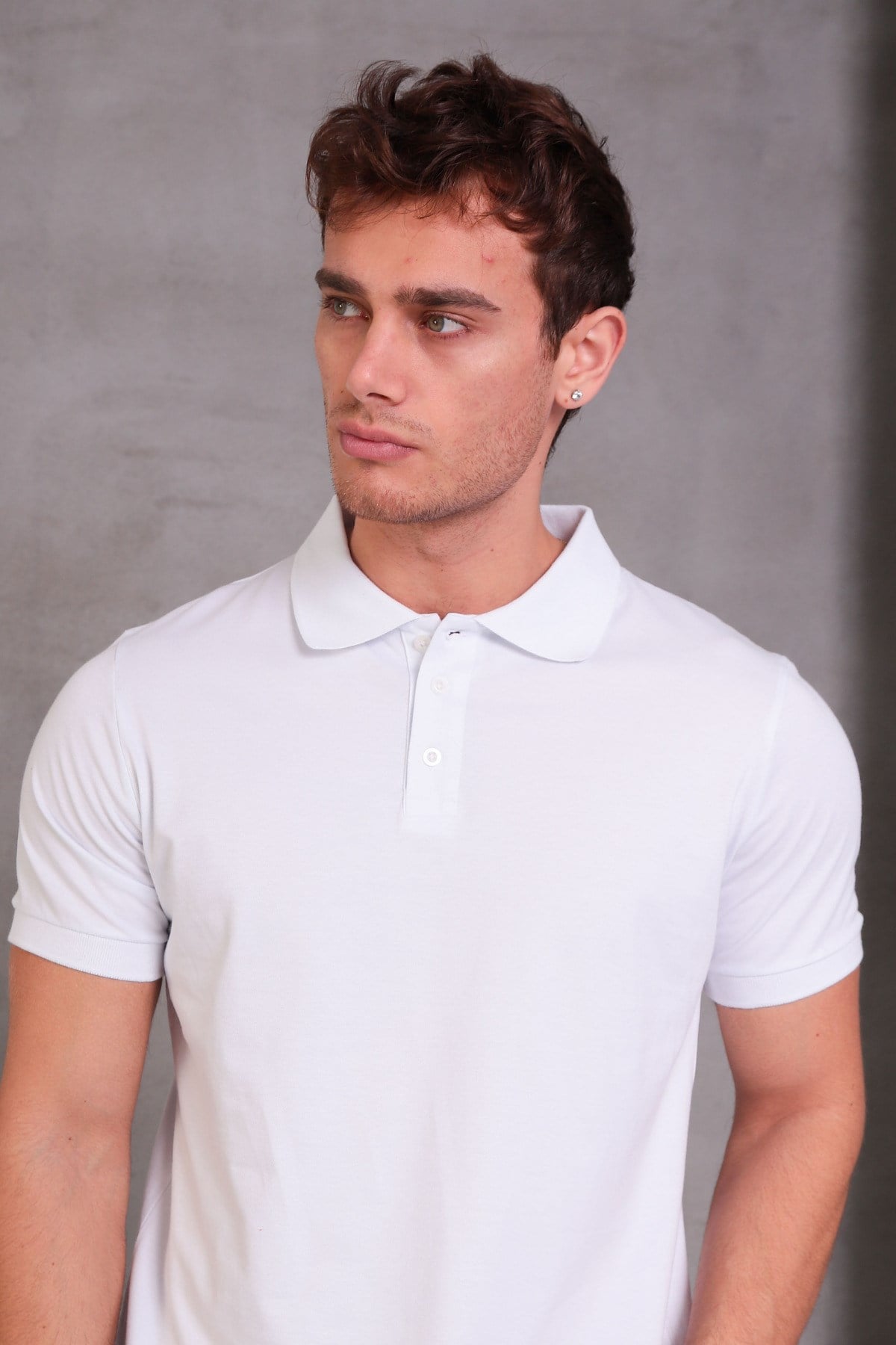 Erkek Dar Kesim Slim Fit Pamuklu Yumuşak Doku Nefes Alan Kumaş Kıvrılmaz Yaka Beyaz Polo Yaka Tişört