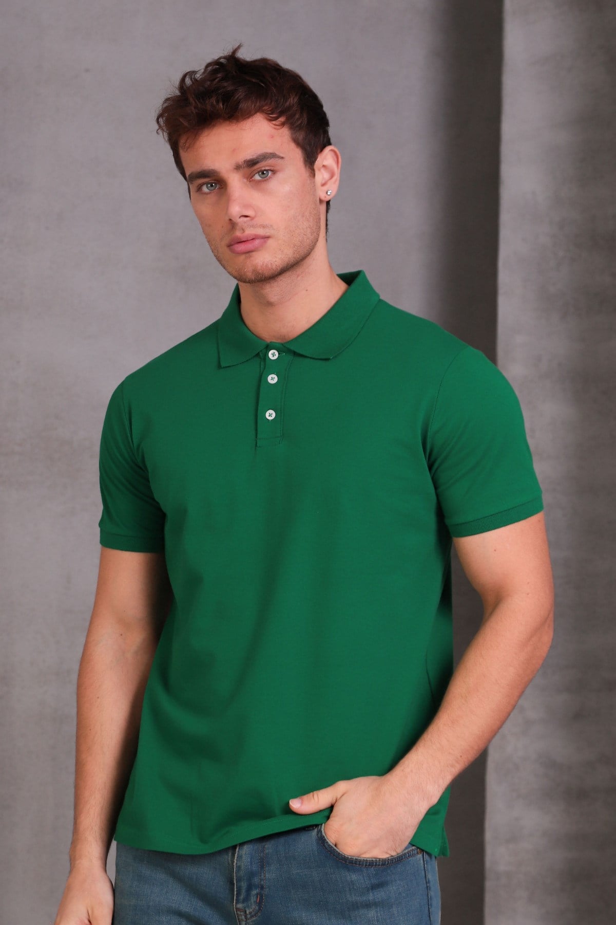 Erkek Dar Kesim Slim Fit Pamuklu Yumuşak Doku Nefes Alan Kumaş Kıvrılmaz Yaka Yeşil Polo Yaka Tişört