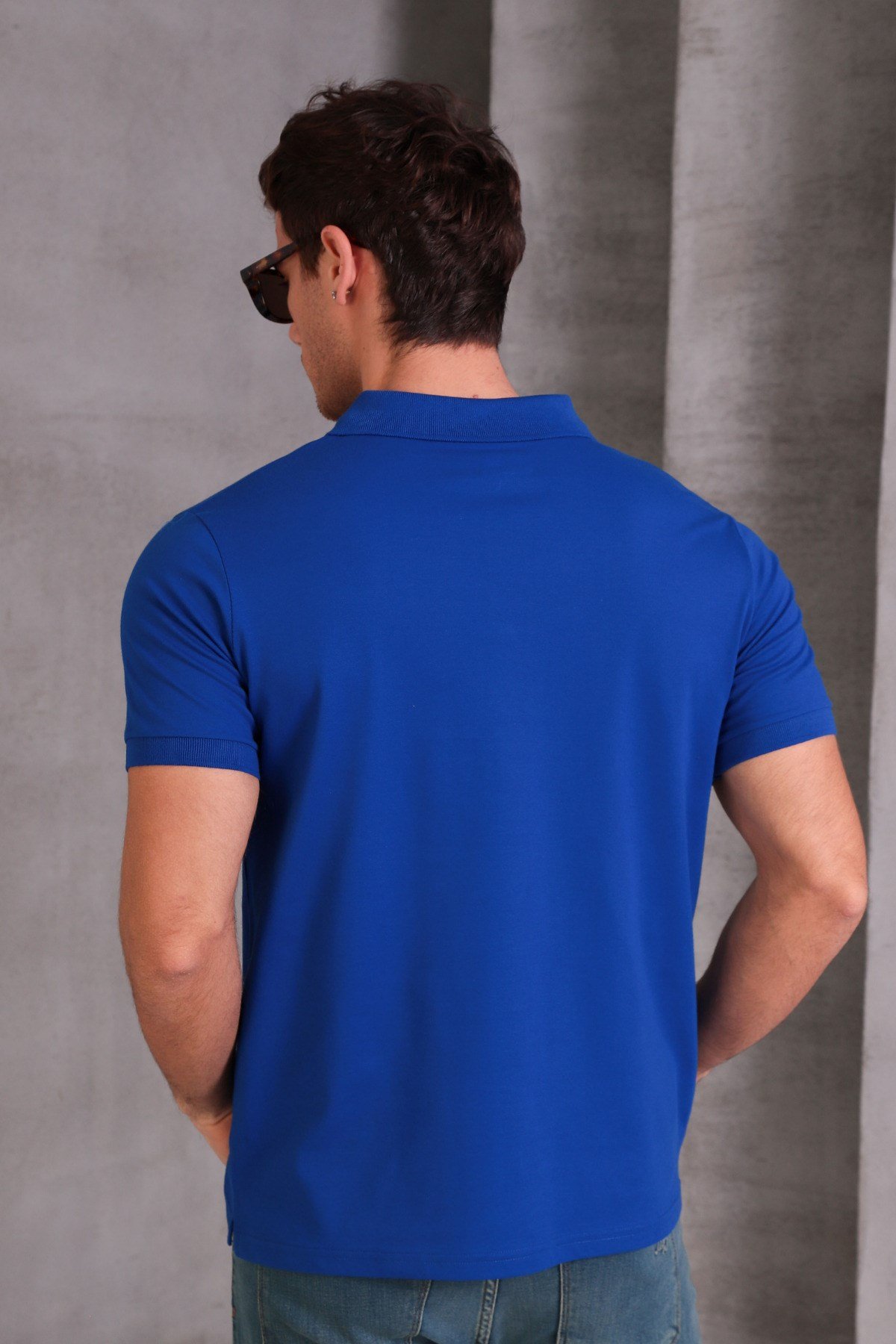 Erkek Dar Kesim Slim Fit Pamuklu Yumuşak Nefes Alan Kumaş Kıvrılmaz Yaka Saks Mavi Polo Yaka Tişört