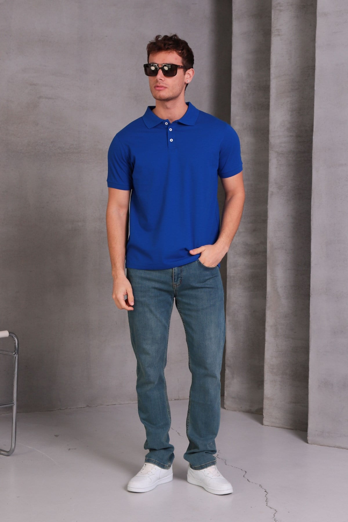 Erkek Dar Kesim Slim Fit Pamuklu Yumuşak Nefes Alan Kumaş Kıvrılmaz Yaka Saks Mavi Polo Yaka Tişört