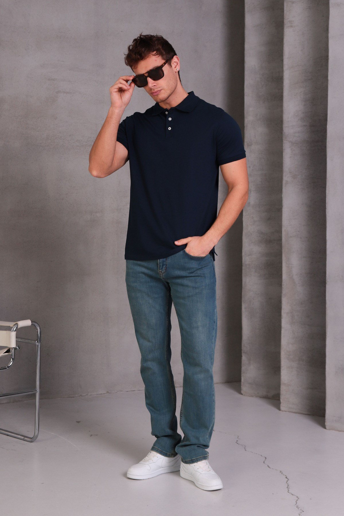 Erkek Dar Kesim Slim Fit Pamuklu Yumuşak Nefes Alan Kumaş Kıvrılmaz Yaka Lacivert Polo Yaka Tişört