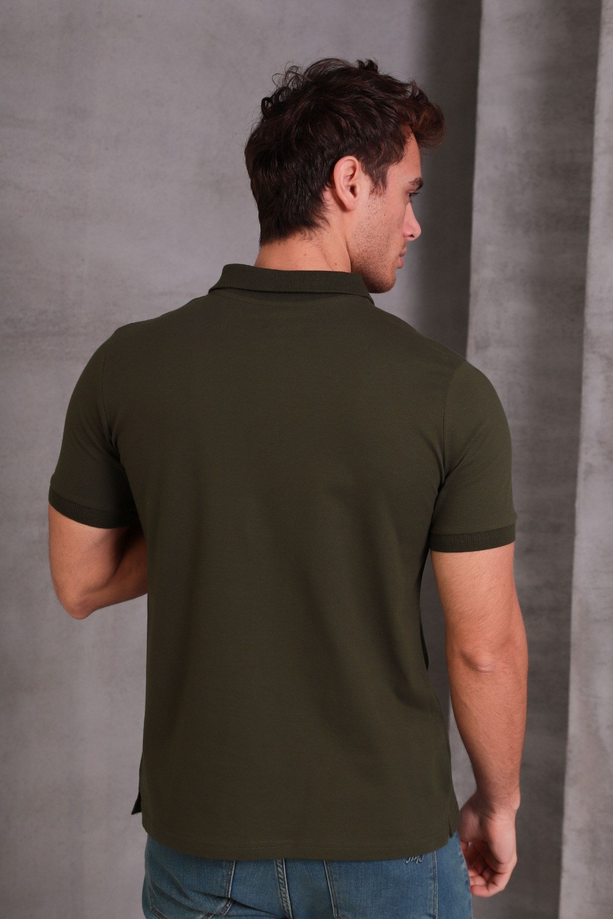 Erkek Dar Kesim Slim Fit Pamuklu Yumuşak Doku Nefes Alan Kumaş Kıvrılmaz Yaka Haki Polo Yaka Tişört