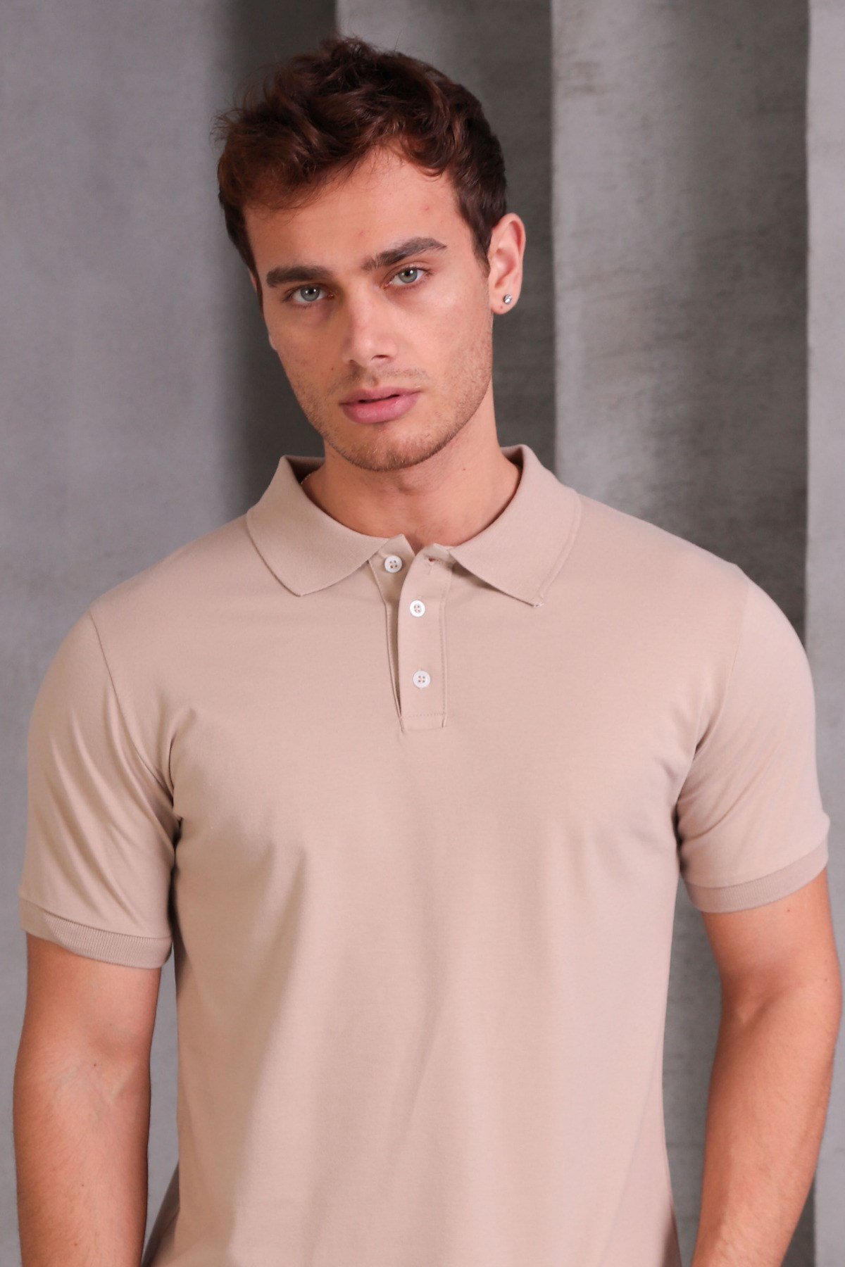 Erkek Dar Kesim Slim Fit Pamuklu Yumuşak Doku Nefes Alan Kumaş Kıvrılmaz Yaka Bej Polo Yaka Tişört