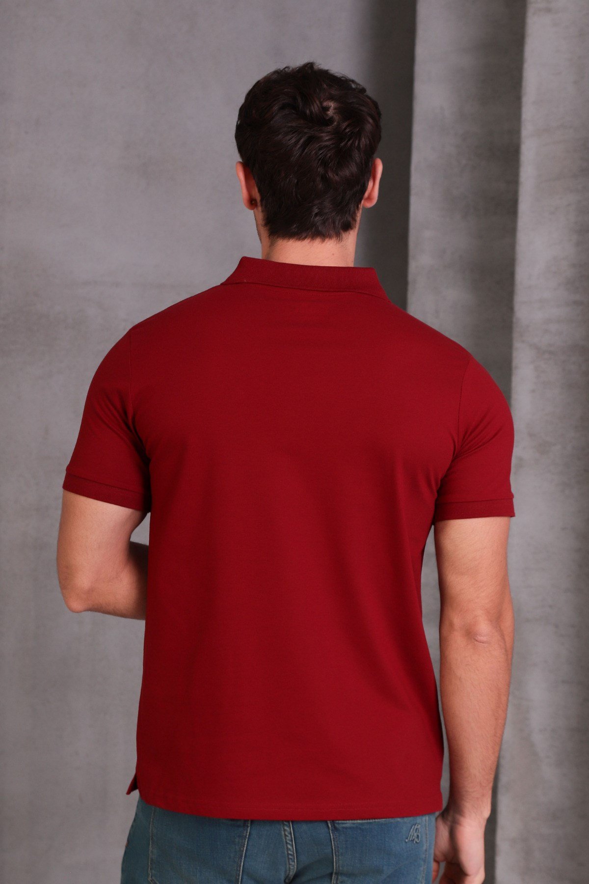 Erkek Dar Kesim Slim Fit Pamuklu Yumuşak Doku Nefes Alan Kumaş Kıvrılmaz Yaka Bordo Polo Yaka Tişört