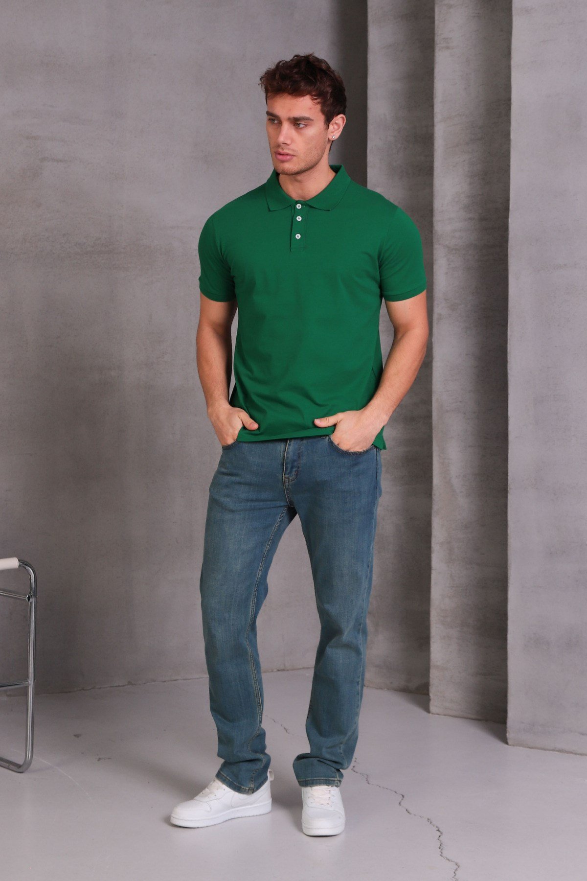 Erkek Dar Kesim Slim Fit Pamuklu Yumuşak Doku Nefes Alan Kumaş Kıvrılmaz Yaka Yeşil Polo Yaka Tişört