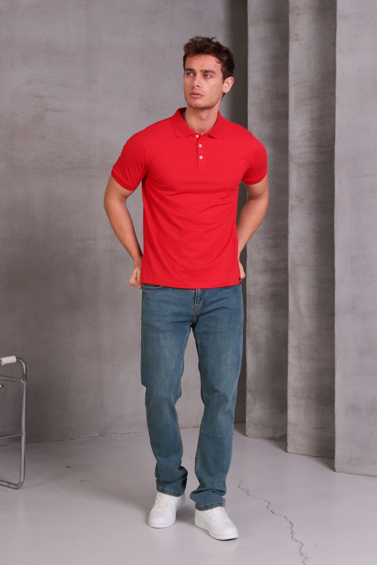 Erkek Dar Kesim Slim Fit Pamuklu Yumuşak Nefes Alan Kumaş Kıvrılmaz Yaka Kırmızı Polo Yaka Tişört