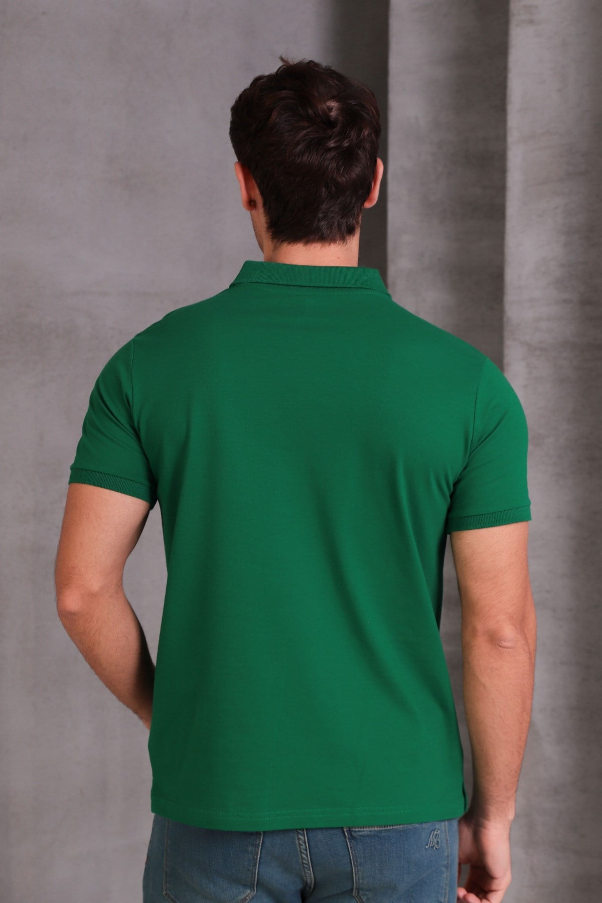 Erkek Dar Kesim Slim Fit Pamuklu Yumuşak Doku Nefes Alan Kumaş Kıvrılmaz Yaka Yeşil Polo Yaka Tişört