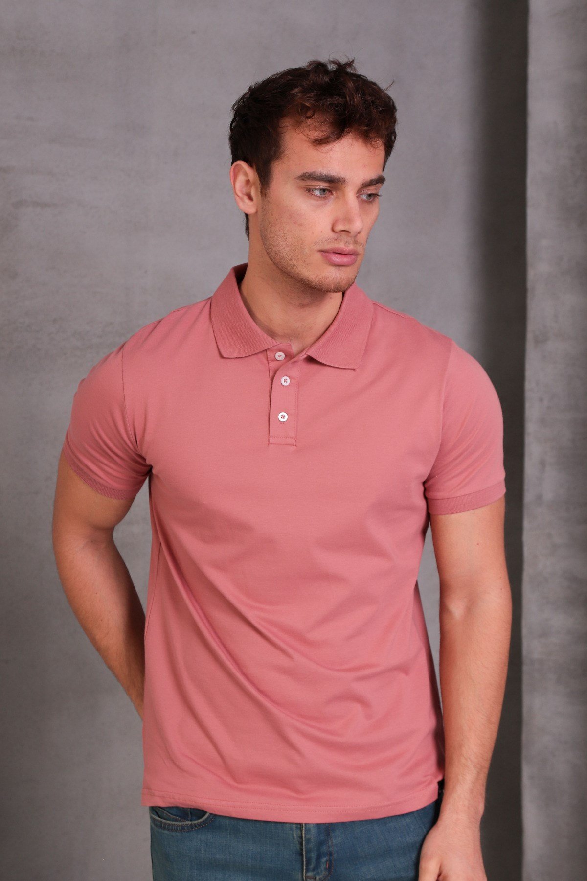 Erkek Dar Kesim Slim Fit Pamuklu Yumuşak Doku Nefes Alan Kumaş KıvrılmazYaka Mercan Polo Yaka Tişört