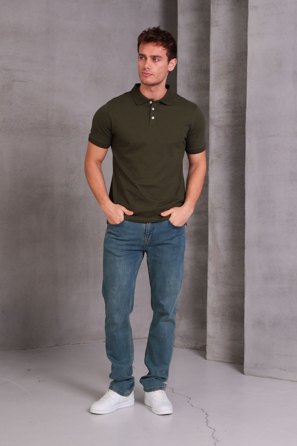 Erkek Dar Kesim Slim Fit Pamuklu Yumuşak Doku Nefes Alan Kumaş Kıvrılmaz Yaka Haki Polo Yaka Tişört