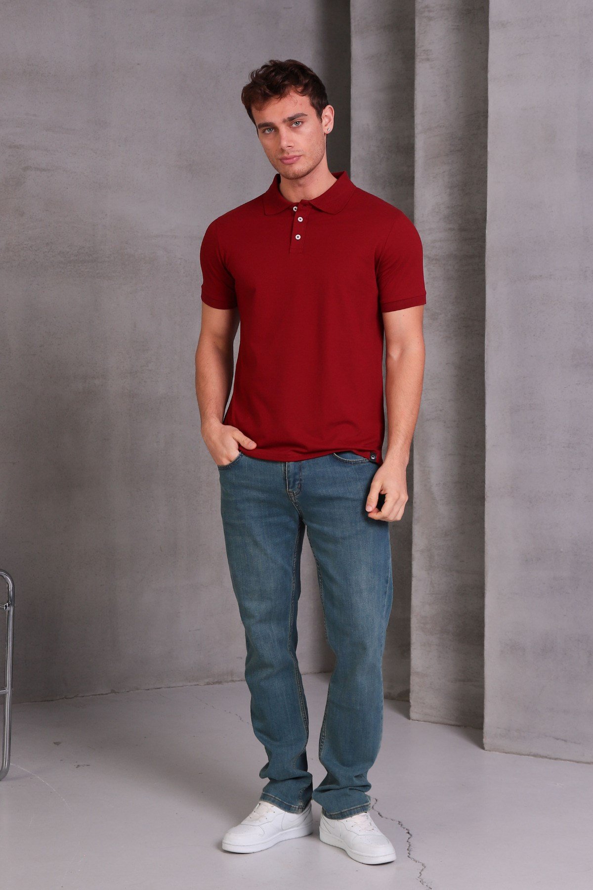 Erkek Dar Kesim Slim Fit Pamuklu Yumuşak Doku Nefes Alan Kumaş Kıvrılmaz Yaka Bordo Polo Yaka Tişört