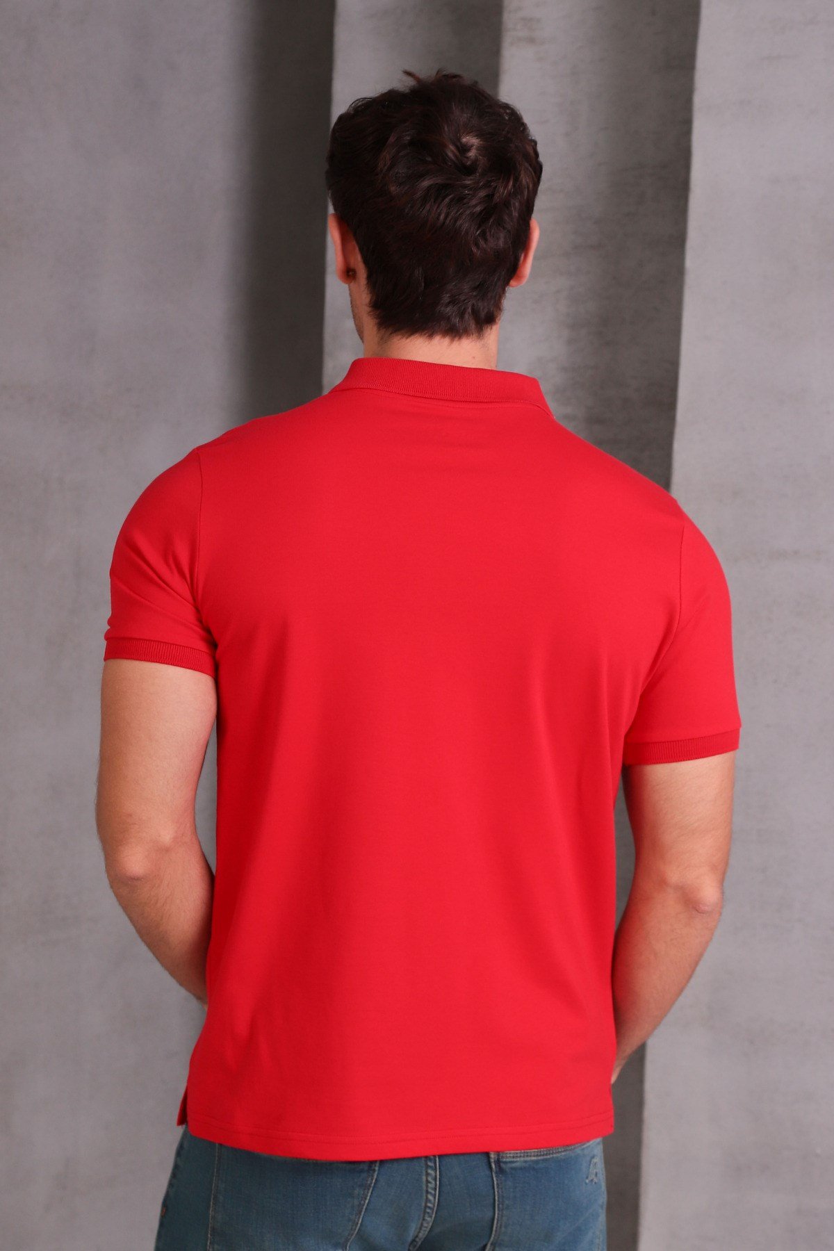 Erkek Dar Kesim Slim Fit Pamuklu Yumuşak Nefes Alan Kumaş Kıvrılmaz Yaka Kırmızı Polo Yaka Tişört