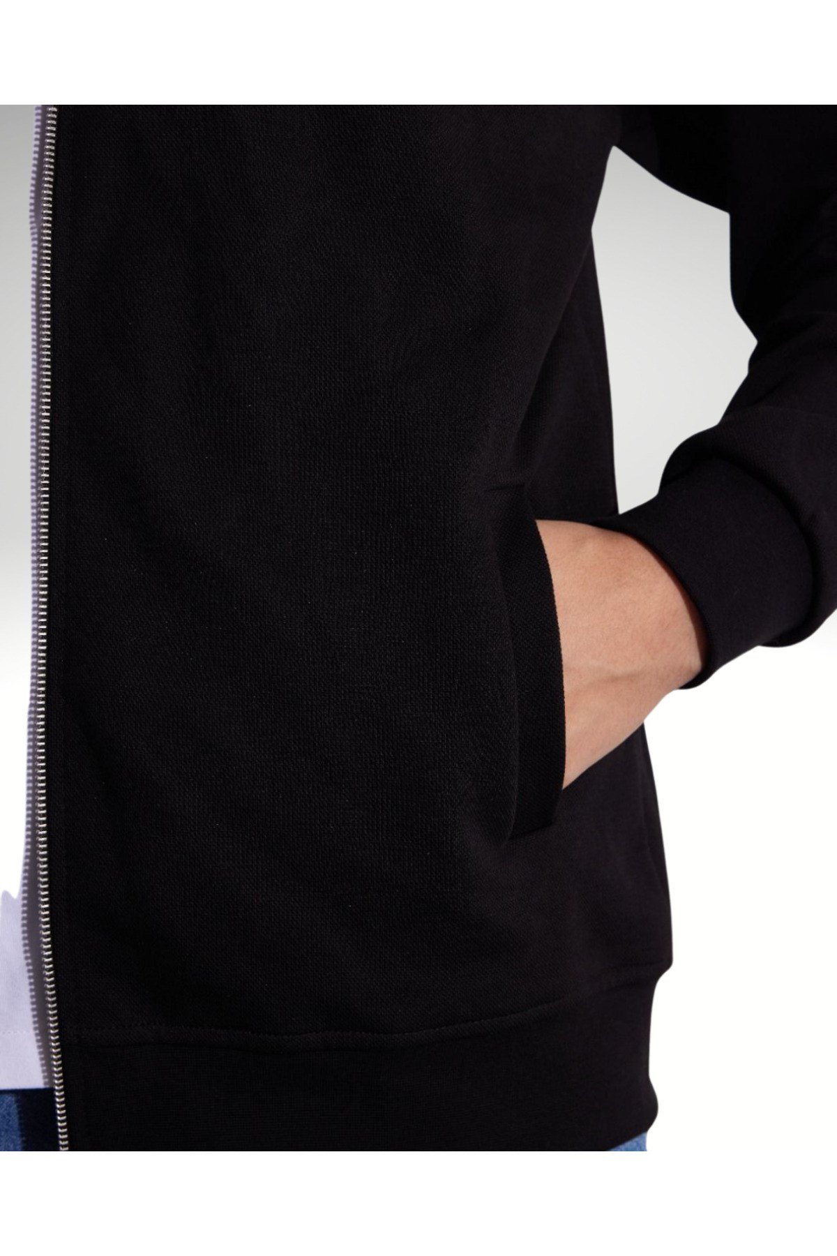 Erkek Relax Kesim Slim Fit Pamuklu Tam Fermuarlı Çift Cepli Dik Yaka Mevsimlik Siyah Sweatshirt