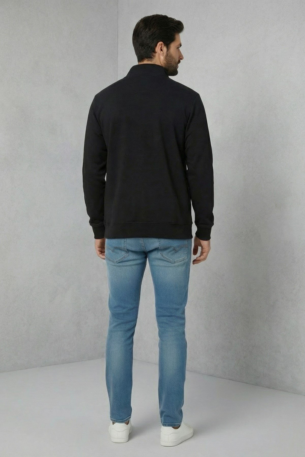 Erkek Relax Kesim Slim Fit Pamuklu Tam Fermuarlı Çift Cepli Dik Yaka Mevsimlik Siyah Sweatshirt