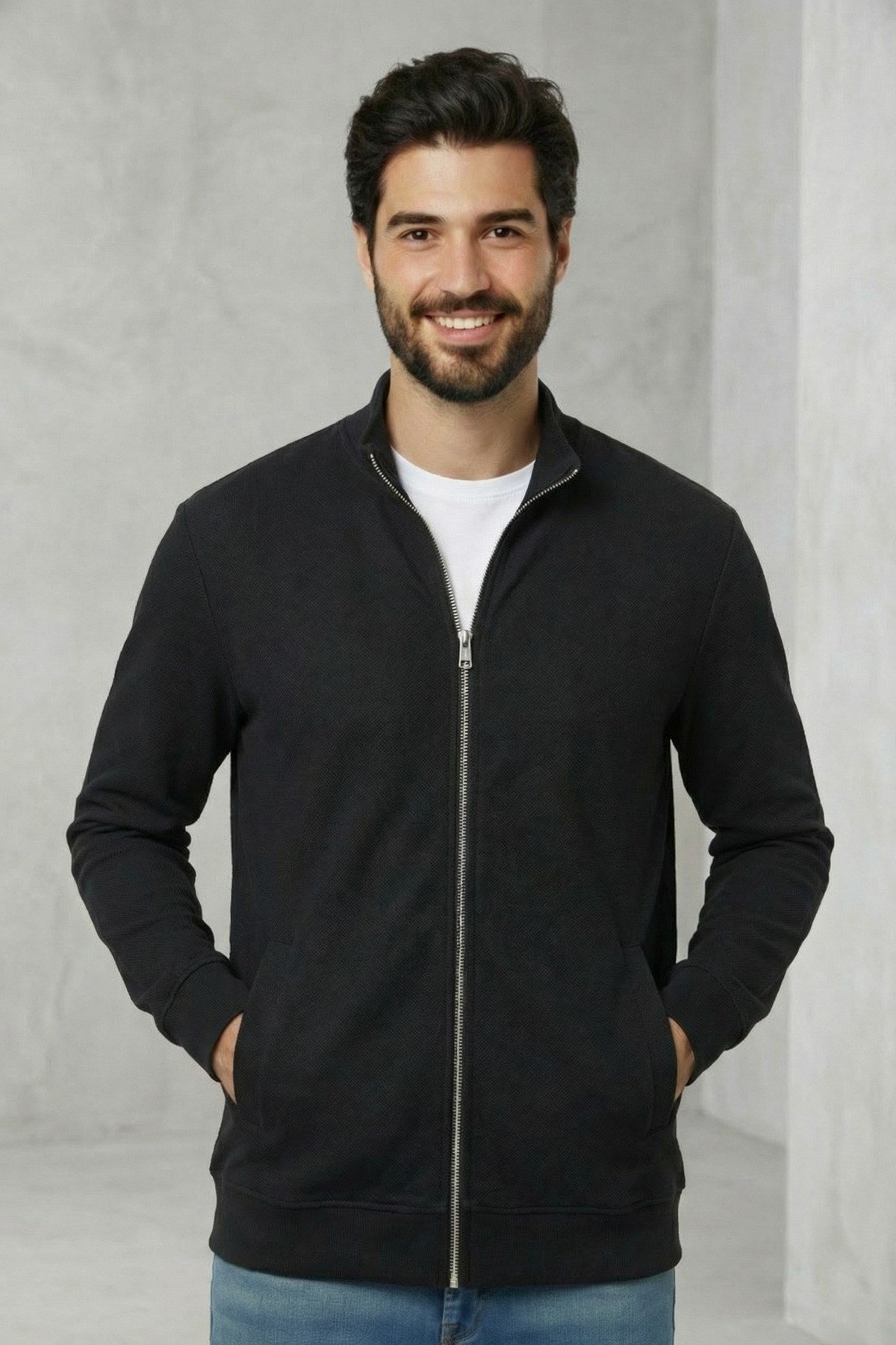 Erkek Relax Kesim Slim Fit Pamuklu Tam Fermuarlı Çift Cepli Dik Yaka Mevsimlik Siyah Sweatshirt