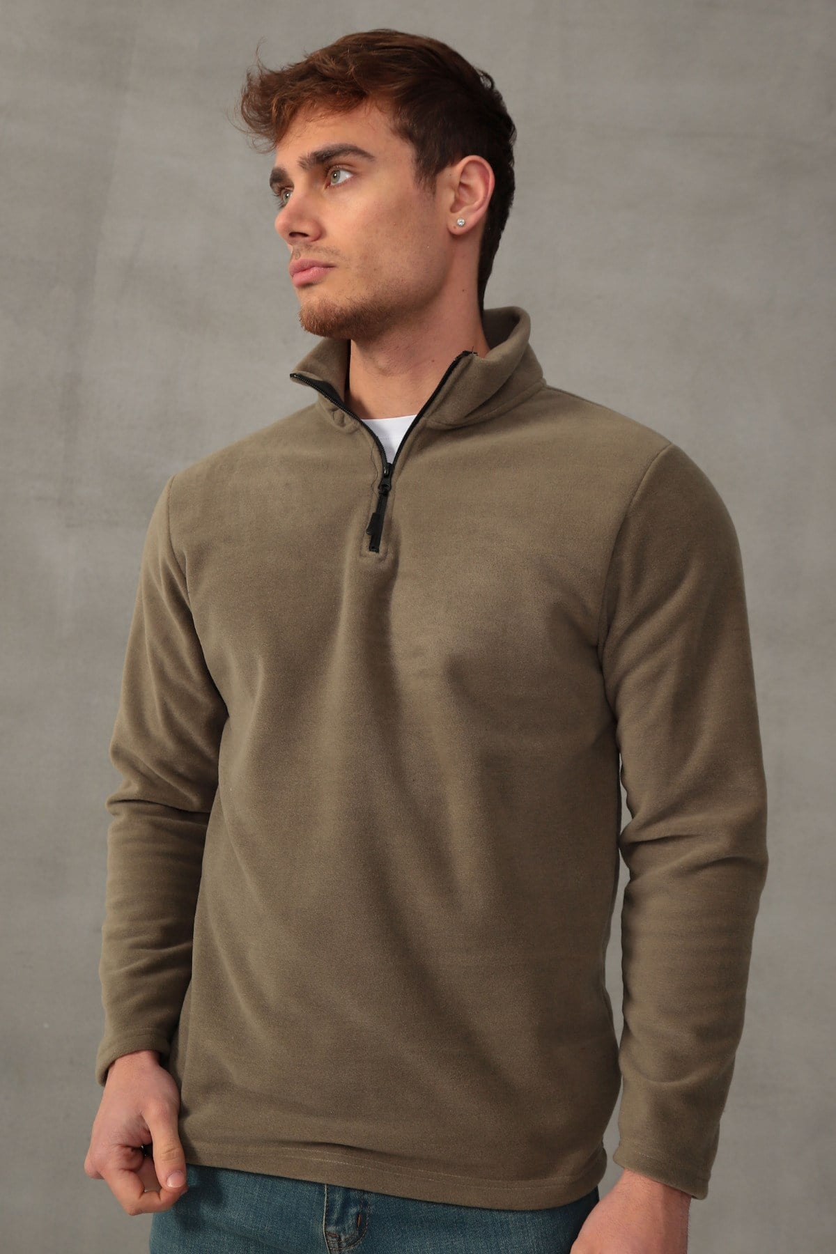 Erkek Standart Fit Rahat Kesim Tüylenme Yapmayan Soğuk Geçirmez Dik Yaka Polar Haki Sweatshirt