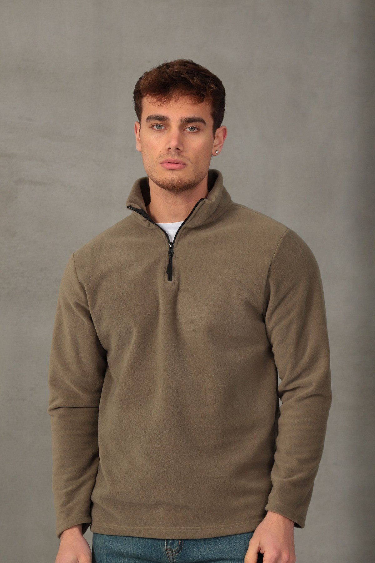 Erkek Standart Fit Rahat Kesim Tüylenme Yapmayan Soğuk Geçirmez Dik Yaka Polar Haki Sweatshirt