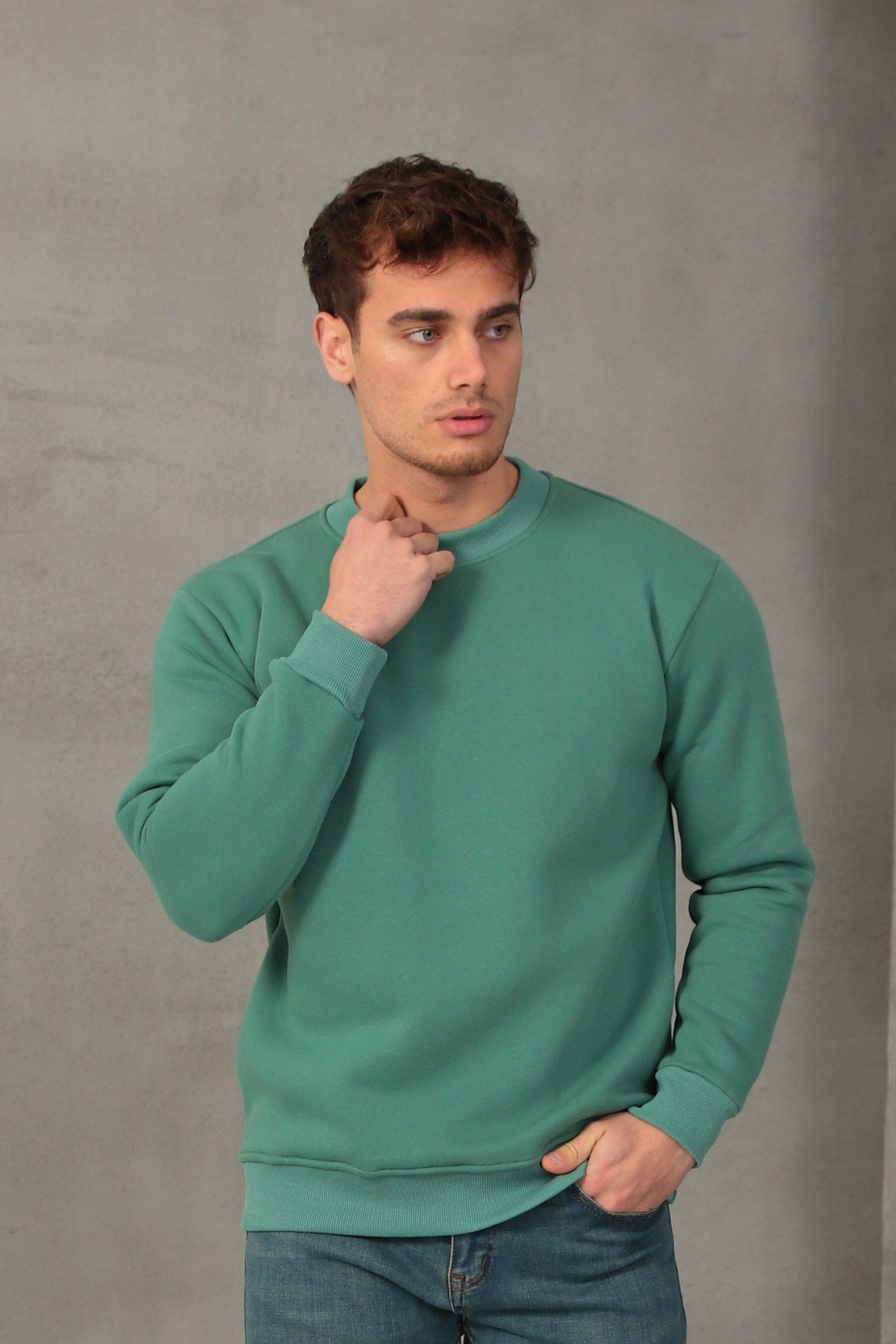 Unisex Relax Fit Rahat Kesim Pamuklu Yumuşak Dokulu İçi Polarlı Basic Mint Bisiklet Yaka Sweatshirt